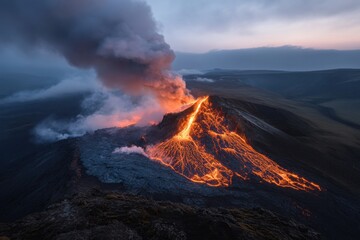 A stunning volcanic eruption during dawn features glowing lava flows and ash clouds, highlighting the powerful natural phenomenon in a serene landscape setting.