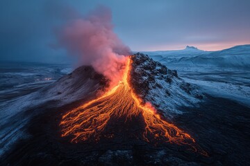 A volcano erupts, sending a stream of lava flowing through snowy surroundings, creating a stunning contrast between the fiery, molten rock and the icy landscape.