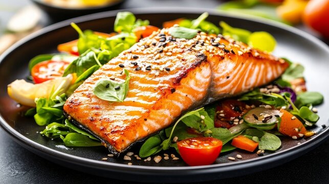 salad and salmon, either baked or fried Dash, Fodmap, Keto, and Paleo diets. Seared fish served with Mediterranean cuisine. Asian dish baked with teriyaki sauce. Conceptually healthy, free of gluten