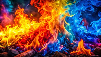 Fototapeta premium Vibrant Spectrum of Hottest Fire Colors: Fiery Reds, Oranges, Yellows, and Blues in Flames