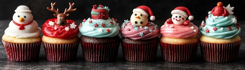 Fototapeta premium Delightful cupcakes, frosted with pink cream and decorated with sprinkles,Christmas theme