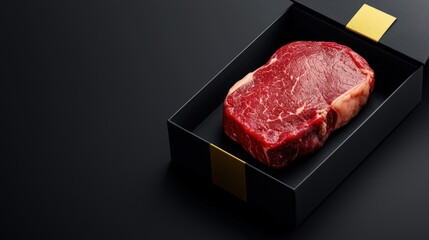 A fresh ribeye steak beautifully presented in an elegant black box, emphasizing the rich marbling and vibrant color of the meat for culinary use.