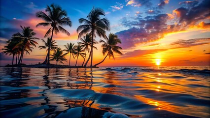 Vibrant Sunset Over Calm Ocean Waves with Silhouetted Palm Trees and Reflective Water Surface
