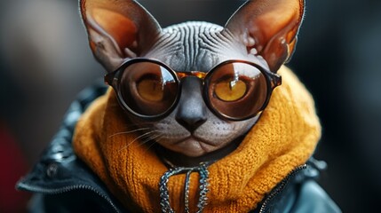 Fototapeta premium Cat costume with black glasses, scary eyes, and evil smile, Halloween horror