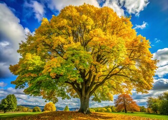 Naklejka premium Vibrant Sycamore Tree Leaves in Vivid Green and Yellow Colors Captured on a Sunny Autumn Day