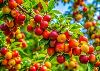 Vibrant tree branches laden with ripe fruits showcasing nature's bounty in a lush green environment