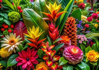 Fototapeta premium Vibrant Tropical Floral Background with Lush Greenery and Colorful Exotic Flowers for Design Projects