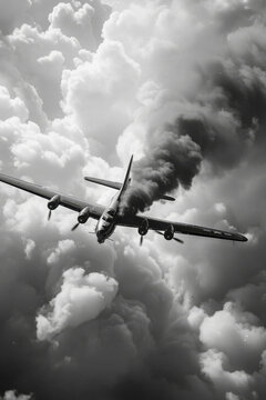 b17 bomber in steep dive and banking turn, clouds, smoking from an engine fire, black and white vintage film photo