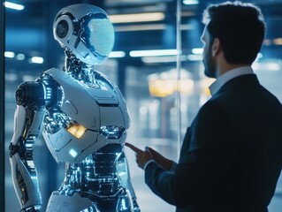 A man interacts with a humanoid robot in a futuristic setting.