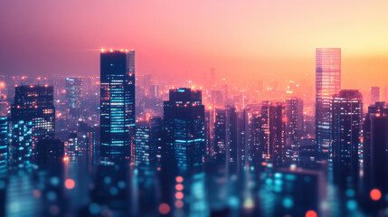 Fototapeta premium vibrant city skyline at dusk, showcasing illuminated skyscrapers and colorful sunset. scene captures essence of urban life and technological advancement