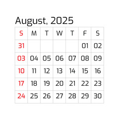 2025 Year August Month Single Page Corporate Wall Calendar Template, Professional Style-08 Template. Mock Up, Layout Of A Wall Or Desk Simple Calendar