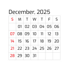 2025 Year December Month Single Page Corporate Wall Calendar Template, Professional Style-12 Template. Mock Up, Layout Of A Wall Or Desk Simple Calendar