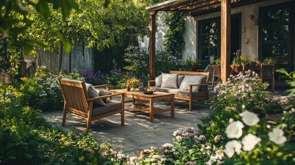 Obraz premium Cozy garden furniture set with wooden chairs and a table, placed among flowers and greenery for relaxation
