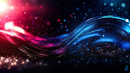 Obraz premium Vibrant abstract background featuring flowing waves of pink and blue light, creating dynamic and energetic atmosphere filled with sparkling particles
