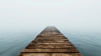 Fototapeta premium A serene wooden pier stretching into the foggy water, creating a tranquil atmosphere., 3D illustration