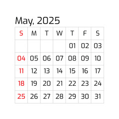 2025 Year May Month Single Page Corporate Wall Calendar Template, Professional Style-05 Template. Mock Up, Layout Of A Wall Or Desk Simple Calendar