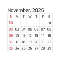 2025 Year November Month Single Page Corporate Wall Calendar Template, Professional Style-11 Template. Mock Up, Layout Of A Wall Or Desk Simple Calendar