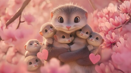 Fototapeta premium A cartoon of a mother Beaver holding. The Beaver are all wearing hearts. The image has a warm and loving mood, conveying the idea of a family bond between the mother cat and her kittens