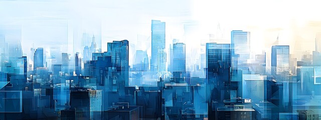 A cityscape of New York made up entirely from blue abstract shapes, with skyscrapers and buildings of various heights, all in shades of light to dark blue
