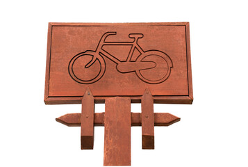 A wooden sign with a carved bicycle silhouette. The sign is mounted on a wooden post with two smaller wooden posts acting as a fence. The background is white.