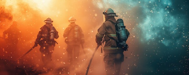 Brave firefighters extinguishing a blaze with high-pressure water hoses during a dramatic sunset. Free copy space for text.