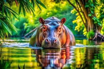 Fototapeta premium Vibrant Watercolor Painting of a Hippo in a Natural Habitat Surrounded by Lush Greenery and Water