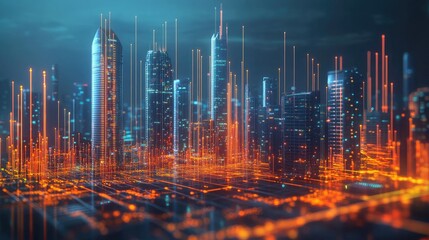 Economic growth visualization showing rising graphs, infrastructure development, and increasing wealth