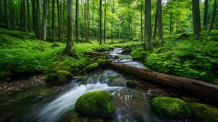 Obraz premium A serene stream flows through a lush green forest, with sunlight dappling the foliage and mossy rocks.