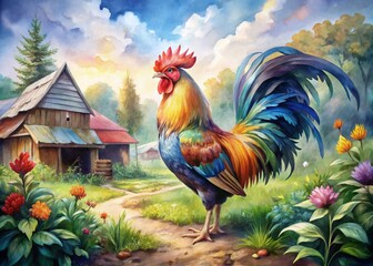 Vibrant Watercolor Rooster Illustration with Colorful Feathers and Charming Farmyard Aesthetic