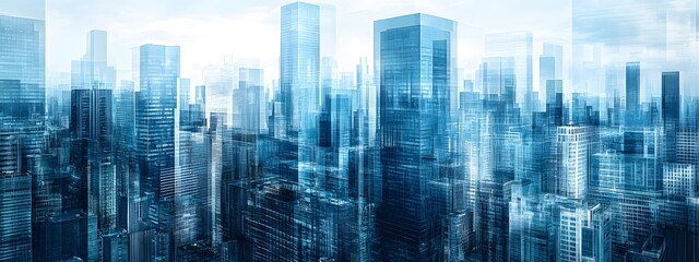 A cityscape of New York made up entirely from blue abstract shapes, with skyscrapers and buildings of various heights, all in shades of light to dark blue
