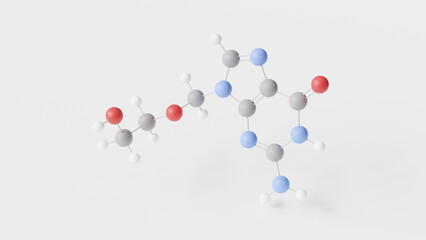 aciclovir molecule 3d, molecular structure, ball and stick model, structural chemical formula antiviral medication