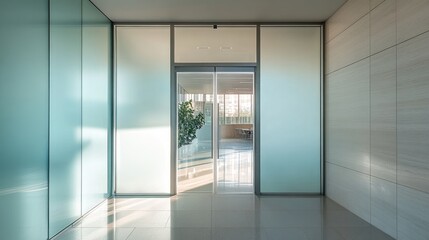Frosted glass door with a soft glow of light passing through, modern and private design