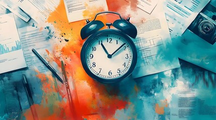 Watercolor Clock Surrounded by Business Documents Symbolizing Time Management in the Workplace