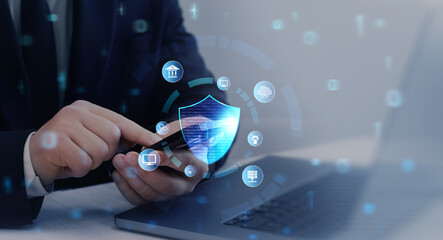Cyber security network protection concept. Protecting herself from cyber attacks and personal data.Portection data access.Secure access and encrypted connection.