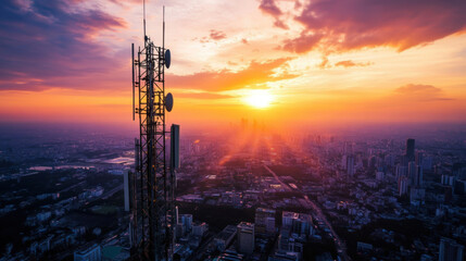 stunning sunset view over city skyline, featuring telecommunications tower silhouetted against vibrant orange and purple hues. scene captures essence of urban life and technological advancement