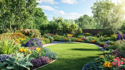 Obraz premium Garden design with vibrant flowers, lush greenery, and a carefully planned landscape layout