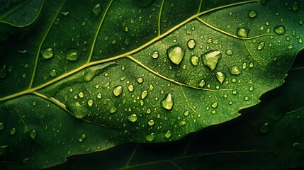 Fototapeta premium Close-up of water droplets on a green leaf.