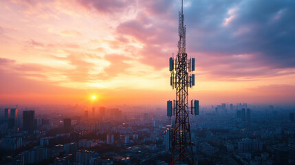 stunning sunset view over city skyline featuring telecommunications tower. vibrant colors of sky create beautiful backdrop, highlighting importance of communication infrastructure