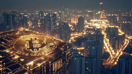 Naklejka premium image showcases futuristic cityscape illuminated at night, with prominent Bitcoin symbol glowing atop digital block. This representation highlights integration of blockchain technology in urban