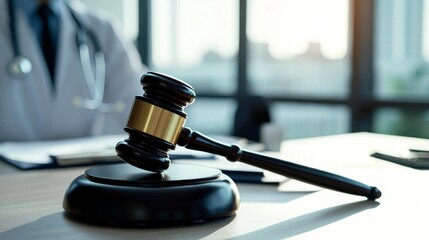 Judicial gavel on a desk, symbolizing law and justice, with a medical professional in background.