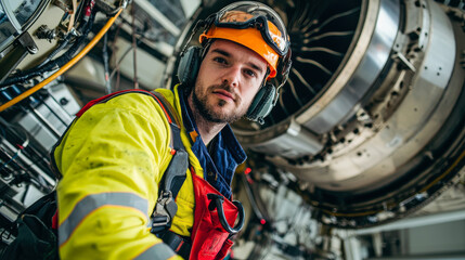 Obraz premium maintenance engineer in bright yellow safety suit and helmet is focused on his work near large jet engine. His expression shows determination and professionalism in high stakes environment