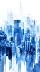 A cityscape of New York made up entirely from blue abstract shapes, with skyscrapers and buildings of various heights, all in shades of light to dark blue