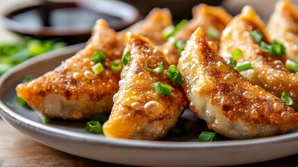 Fototapeta premium Crispy Golden Fried Dumplings Served with Soy Sauce and Chopped Scallions - Modern Asian Street Food