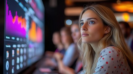 audience engaged in a corporate seminar backs to the viewer captivated by a screen displaying informative graphs highlighting the dynamic exchange of ideas at a business convention