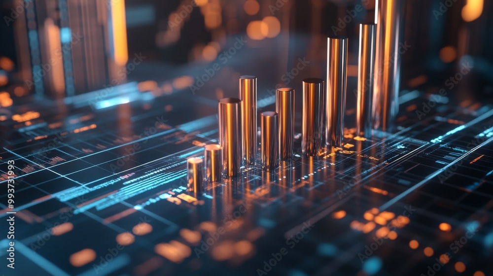 Fototapete a creative 3d bar chart with metallic bars rising from a reflective surface, surrounded by floating 