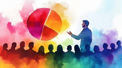 Vibrant Watercolor Businessperson Presenting Pie Chart to Group for Successful Marketing Strategy