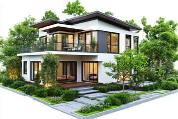 Modern two story home with large windows and landscaped gardens emphasizing open spaces and eco friendly living in a suburban residential setting