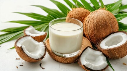A glass of milk is on a wooden tray with a few pieces of coconut