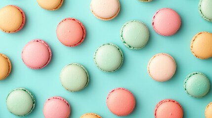 Fototapeta premium Colorful macarons on a blue background, arranged in a pattern.