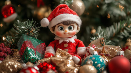 Elf Doll Sitting Among Christmas Presents & Ornaments on Tree

